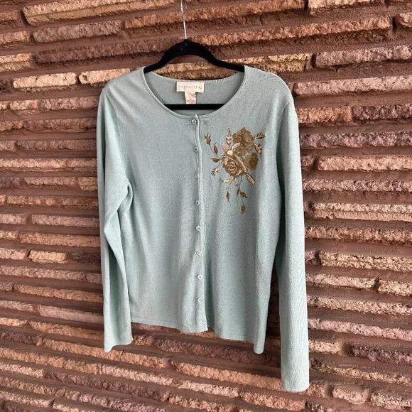 Doncaster Dusty Blue Tan Embroidered Floral Cardigan Sweater Size XL - Picture 1 of 4